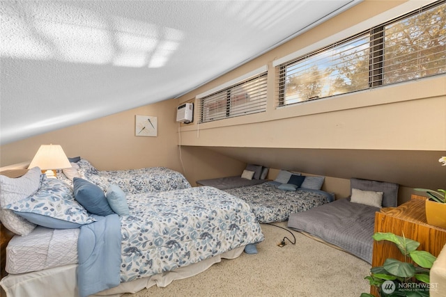 carpeted bedroom with a textured ceiling, a wall mounted AC, and lofted ceiling