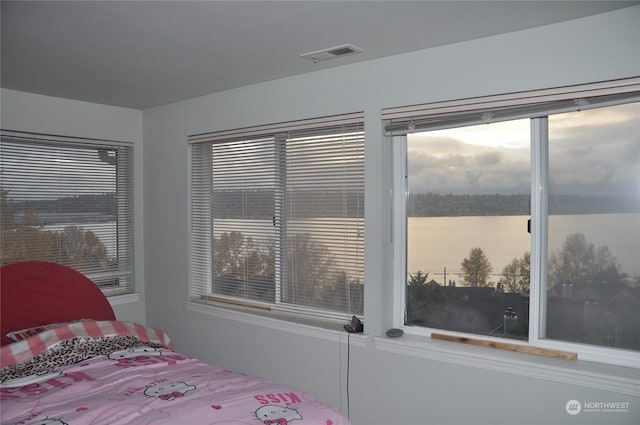 bedroom featuring a water view and multiple windows