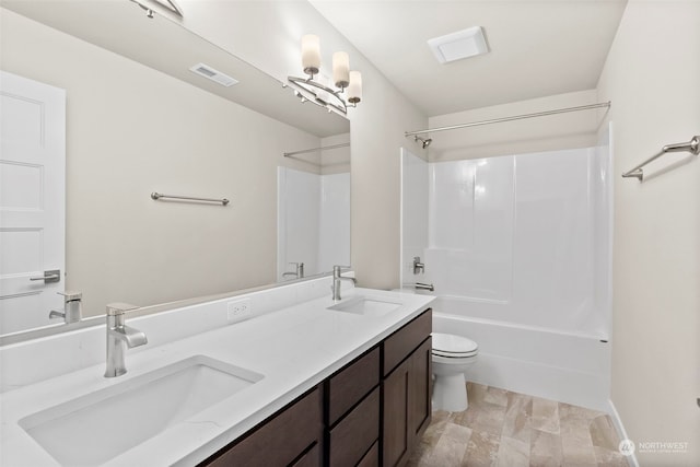 full bathroom with vanity, shower / washtub combination, toilet, and an inviting chandelier