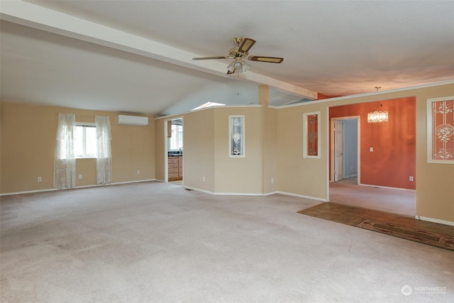 spare room featuring light carpet, vaulted ceiling with beams, ceiling fan with notable chandelier, and a wall mounted AC