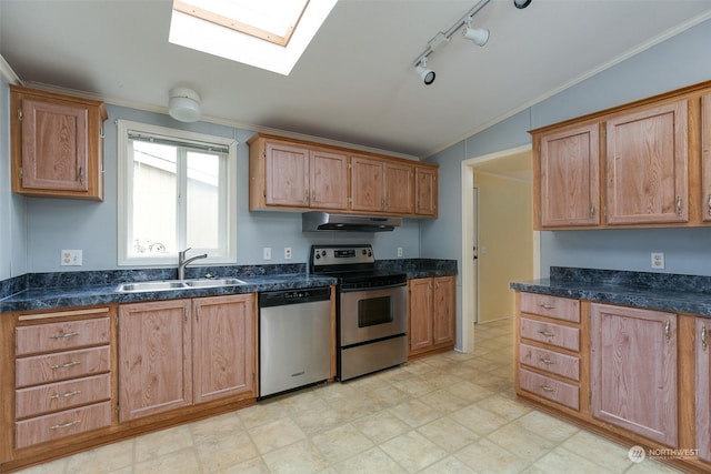 kitchen with ornamental molding, stainless steel appliances, a skylight, and sink