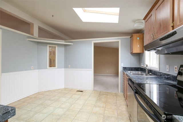 kitchen with lofted ceiling with skylight, sink, ventilation hood, electric range, and stainless steel dishwasher