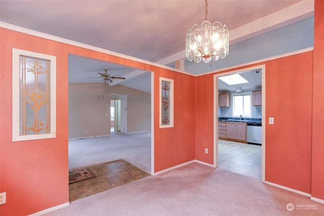 carpeted spare room featuring crown molding, sink, ceiling fan with notable chandelier, and lofted ceiling with beams