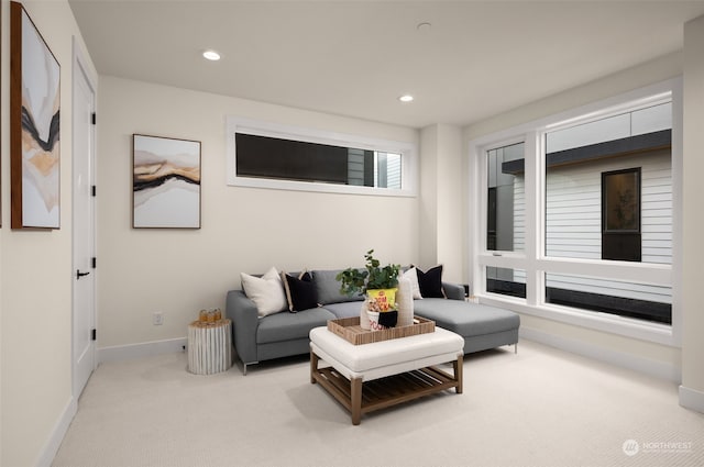 living room featuring light colored carpet