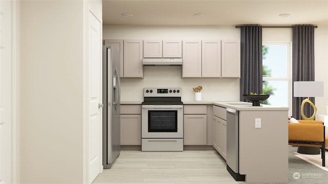 kitchen featuring kitchen peninsula, stainless steel appliances, gray cabinets, and light hardwood / wood-style flooring