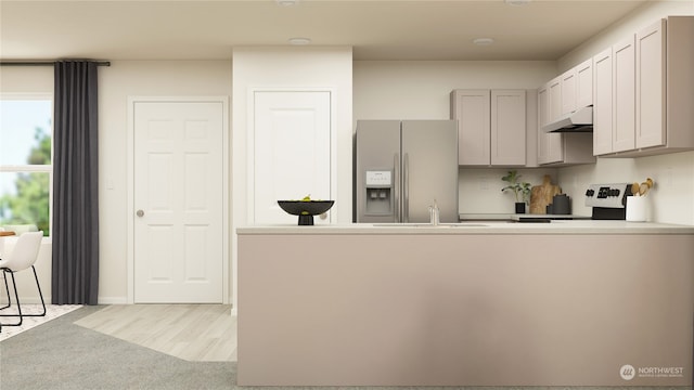 kitchen featuring gray cabinets, electric range, white refrigerator with ice dispenser, and light wood-type flooring