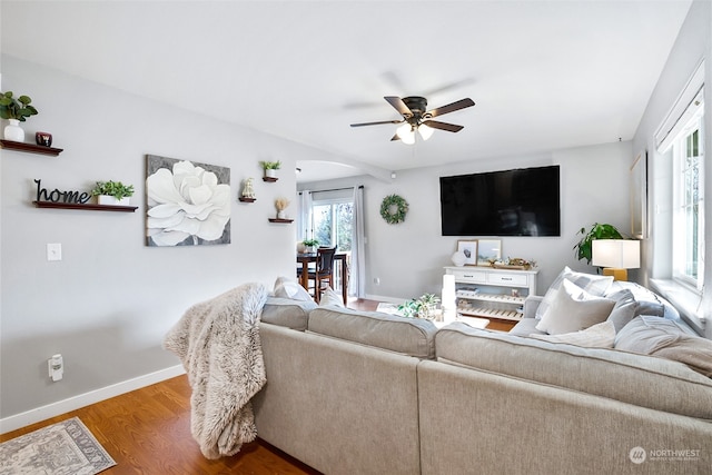 living room with ceiling fan and wood-type flooring