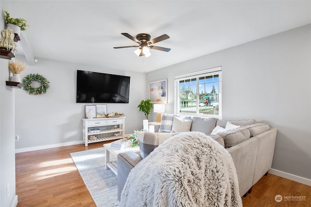 living room featuring wood-type flooring and ceiling fan