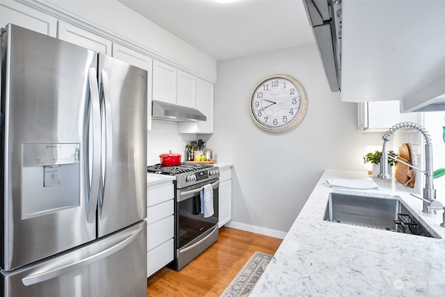 kitchen with white cabinets, sink, light hardwood / wood-style flooring, tasteful backsplash, and stainless steel appliances