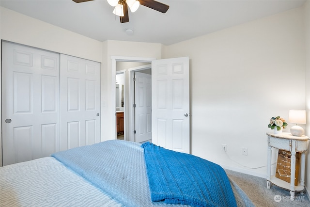 bedroom featuring ceiling fan and a closet