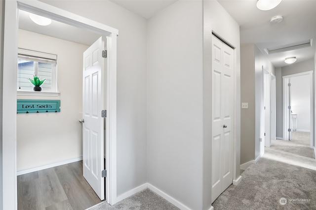 corridor with light colored carpet