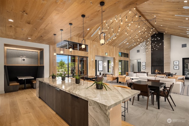 kitchen featuring a large fireplace, light stone counters, high vaulted ceiling, decorative light fixtures, and light wood-type flooring