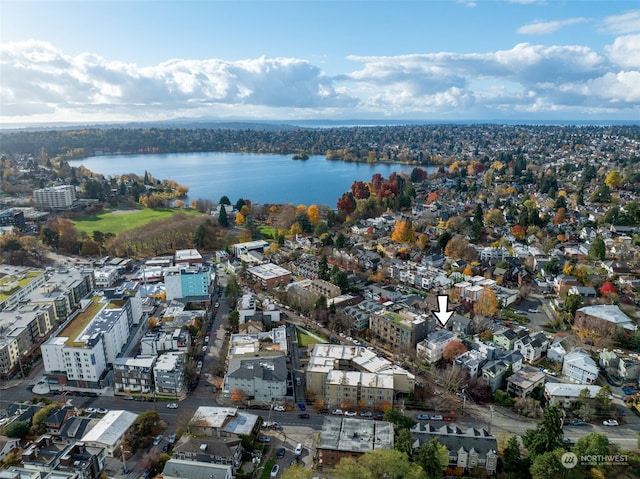 drone / aerial view with a water view