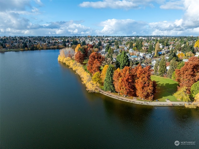 bird's eye view with a water view