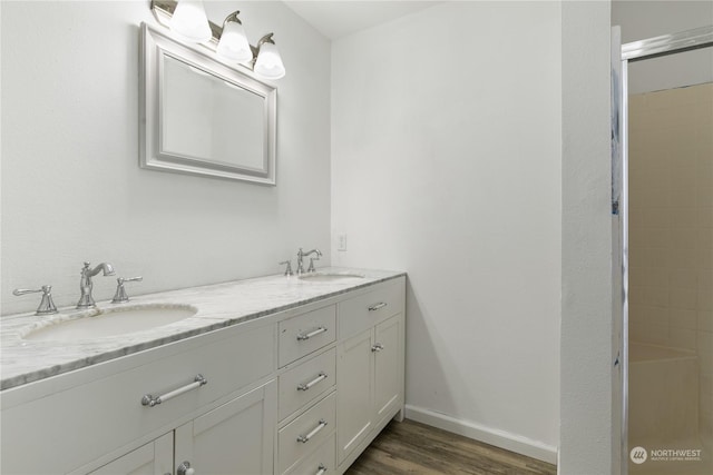 bathroom with hardwood / wood-style flooring and vanity