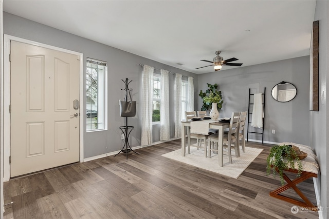 dining room featuring ceiling fan and dark hardwood / wood-style flooring