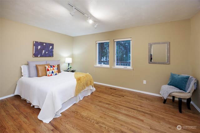 bedroom with wood-type flooring and rail lighting