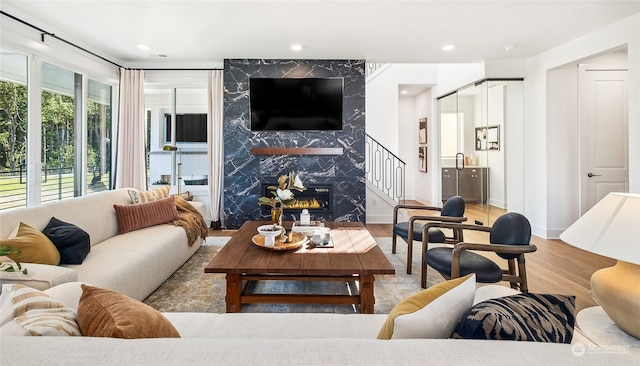 living room featuring wood-type flooring and a fireplace