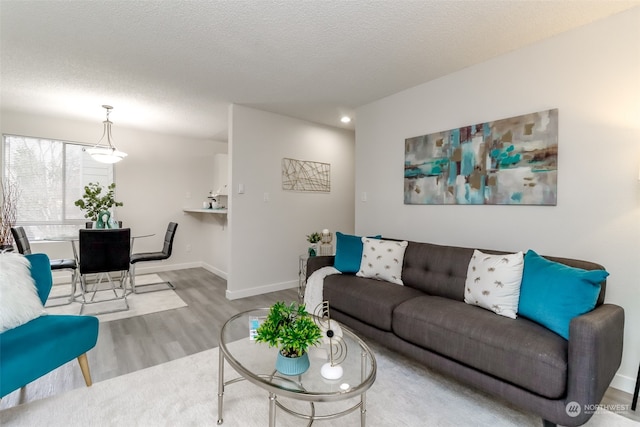 living room with a textured ceiling and hardwood / wood-style flooring