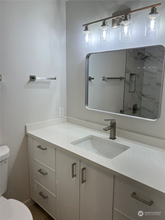 bathroom featuring vanity, toilet, and walk in shower