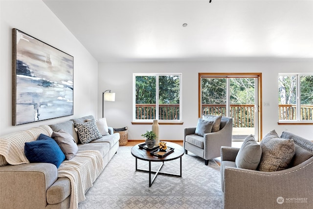 living room featuring light hardwood / wood-style flooring, a wealth of natural light, and lofted ceiling