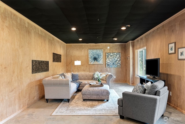 living room with wooden walls