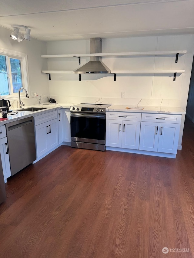 kitchen with white cabinetry, dark hardwood / wood-style flooring, extractor fan, and appliances with stainless steel finishes