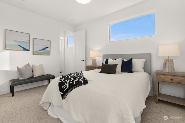 bedroom with light colored carpet