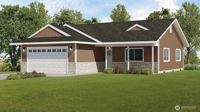 view of front facade featuring a garage, stone siding, concrete driveway, and a front lawn