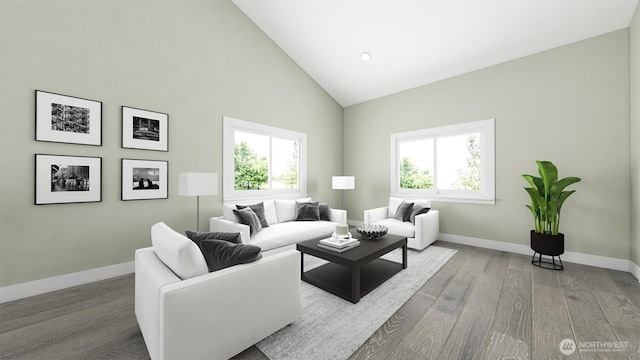 living room with high vaulted ceiling, baseboards, and wood finished floors