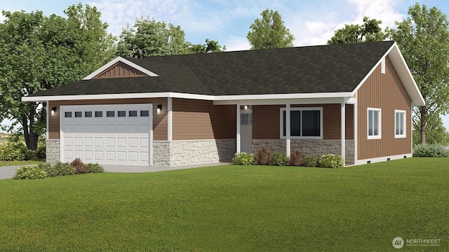 view of front of home with driveway, an attached garage, a shingled roof, a front lawn, and stone siding