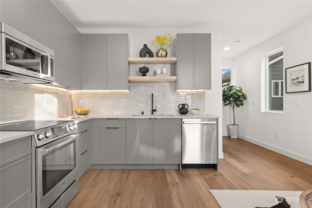 kitchen with gray cabinets, light hardwood / wood-style floors, sink, and appliances with stainless steel finishes