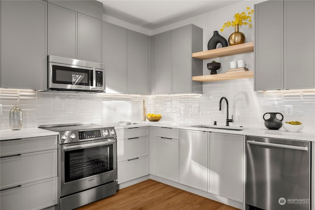 kitchen with open shelves, stainless steel appliances, light countertops, gray cabinetry, and a sink