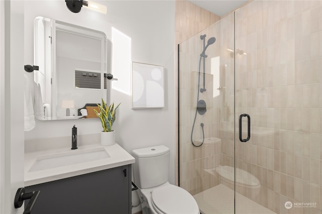 bathroom featuring toilet, a shower stall, and vanity