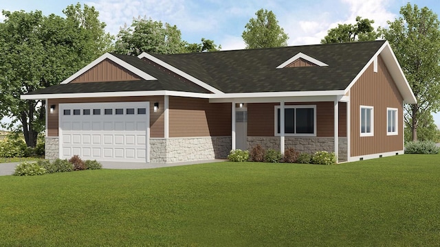 view of front of home featuring stone siding, driveway, a front yard, and a garage