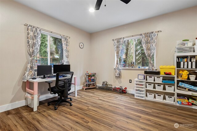 home office featuring hardwood / wood-style flooring and ceiling fan