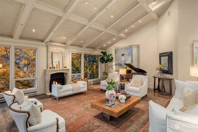 sunroom / solarium with lofted ceiling with beams and wood ceiling