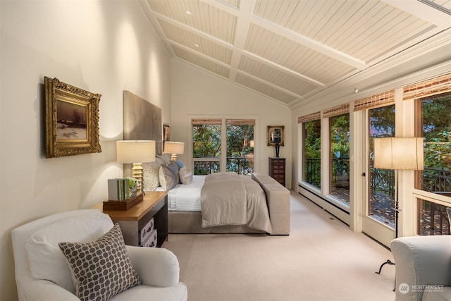 bedroom with wooden ceiling, a baseboard radiator, high vaulted ceiling, access to outside, and light carpet