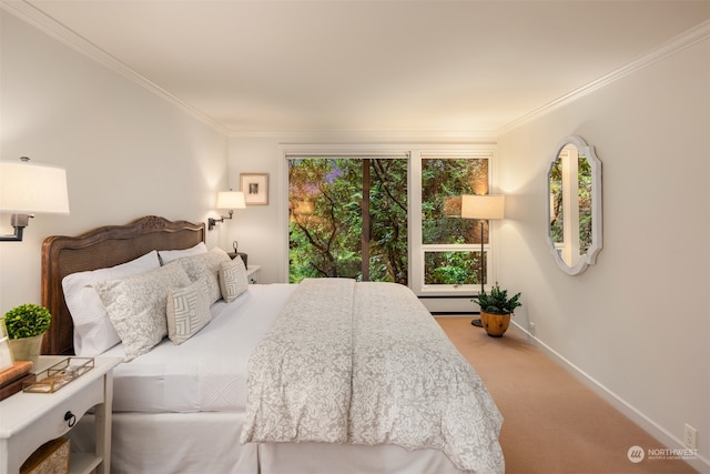 bedroom featuring carpet floors and crown molding