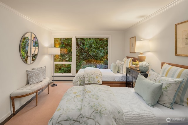 carpeted bedroom featuring a baseboard radiator and ornamental molding