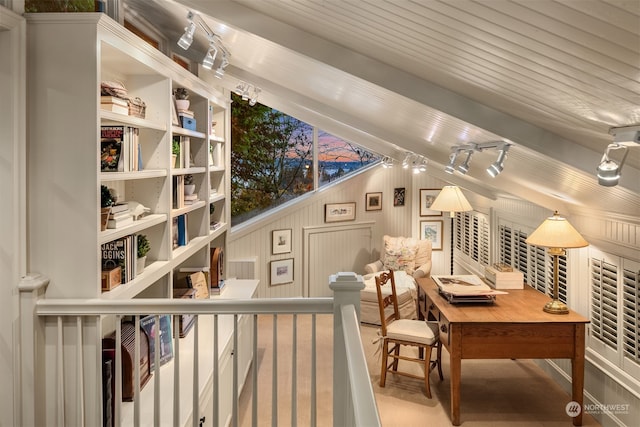 interior space featuring track lighting, vaulted ceiling, wood ceiling, and wood walls