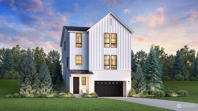 modern inspired farmhouse with a lawn, concrete driveway, an attached garage, a standing seam roof, and board and batten siding