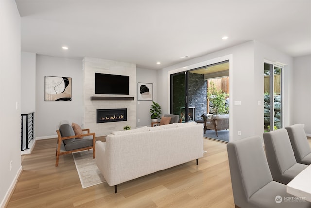 living room with a fireplace and light hardwood / wood-style flooring