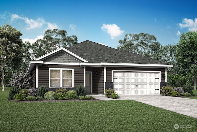 view of front of home with a front yard and a garage