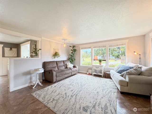 living room featuring a textured ceiling and dark hardwood / wood-style floors