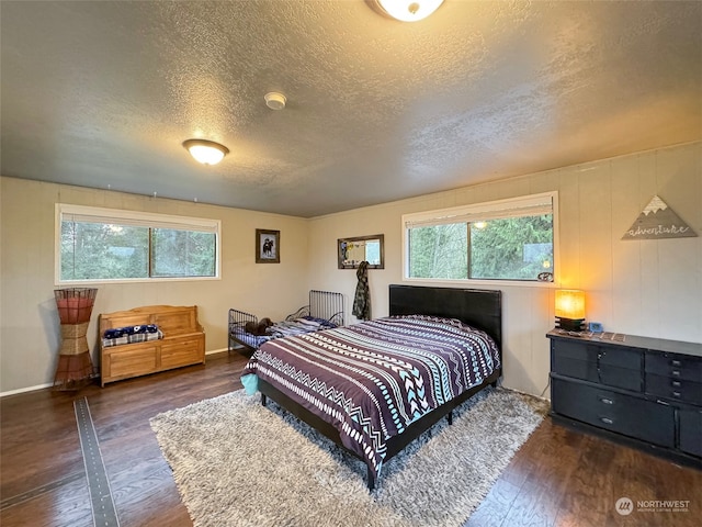 bedroom with dark hardwood / wood-style floors, a textured ceiling, and multiple windows