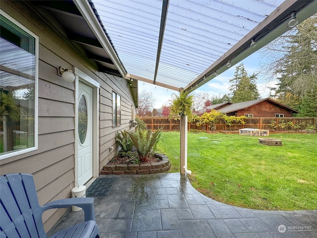 view of patio / terrace featuring an outdoor fire pit