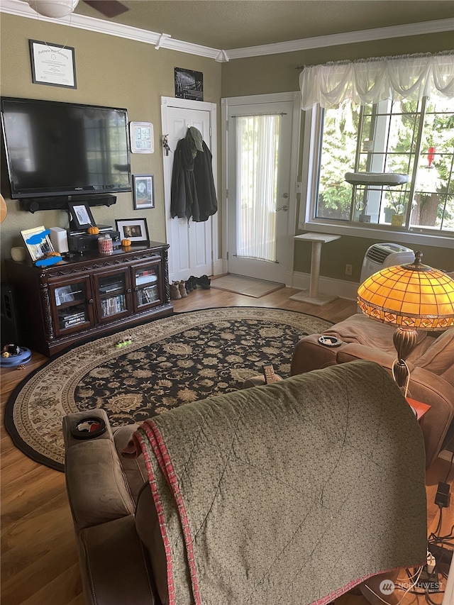 living room featuring wood-type flooring and ornamental molding