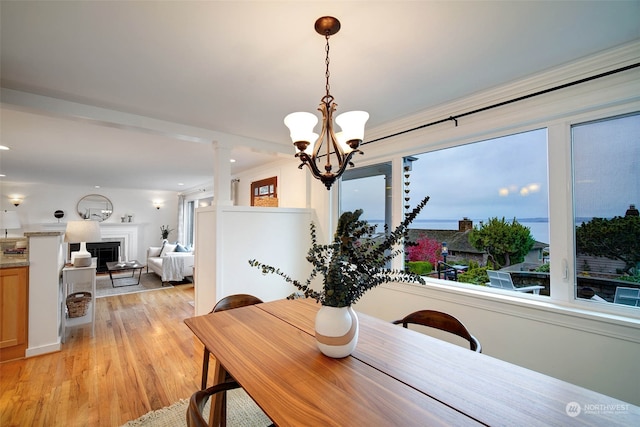 dining area with light hardwood / wood-style floors and an inviting chandelier