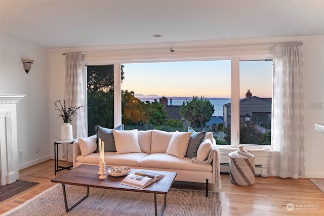 living room featuring hardwood / wood-style flooring, a water view, and ornamental molding